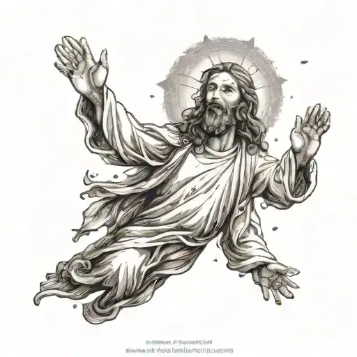 A dotwork tattoo of Jesus Christ walking on water, with delicate flowers and butterflies floating around him, symbolizing the client's faith and love for nature tattoo design idea