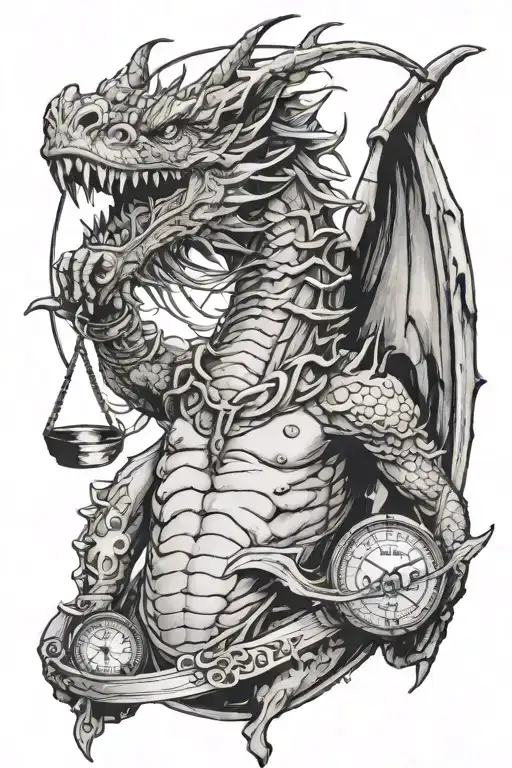 Create a picture of a a dragon sitting proud with the libra scales of justice hanging from it mouth tattoo design idea