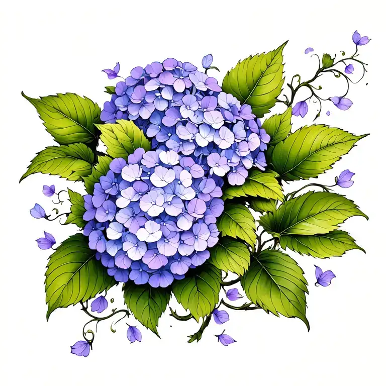 purple hydrangea with vines and petals flowing  tattoo design idea