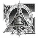 Sumerian Anunnaki symbol intertwined with Pleiades constellation in dotwork style tattoo design idea