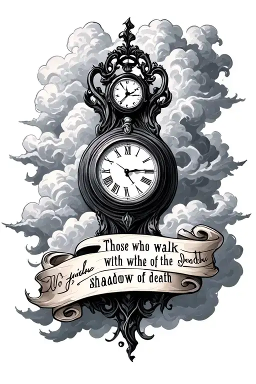 forearm sleeve saying “those who walk with the shadow of death” surrounded by clouds. near the wrist add a clock with ro tattoo design idea