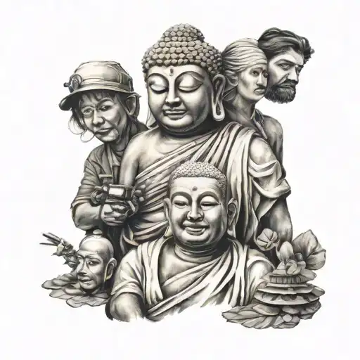 budha , mechanic , travelerand nurse holding tattoo design idea