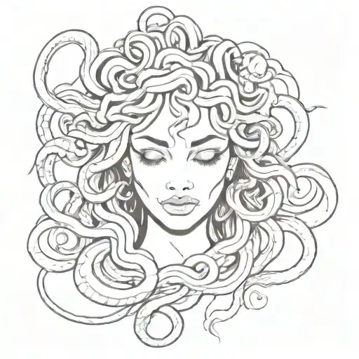 A sketch style tattoo of Medusa's face with Mickey Mouse's silhouette hidden in the snakes for a playful touch tattoo design idea