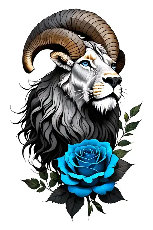 ram and zodiacal lion and blue rose tattoo design idea
