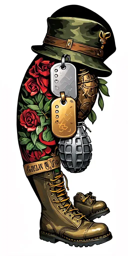 A sleeve tattoo featuring iconic military symbols like dog tags, grenades, and boots tattoo design idea