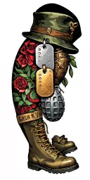 A sleeve tattoo featuring iconic military symbols like dog tags, grenades, and boots tattoo design idea