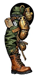 A sleeve tattoo featuring iconic military symbols like dog tags, grenades, and boots tattoo design idea