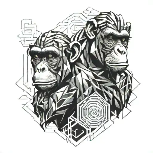 Funny sexy caricatures, 1 female bonobo head down + 1 male bonobo head up, both in a ball, 69 position tattoo design idea