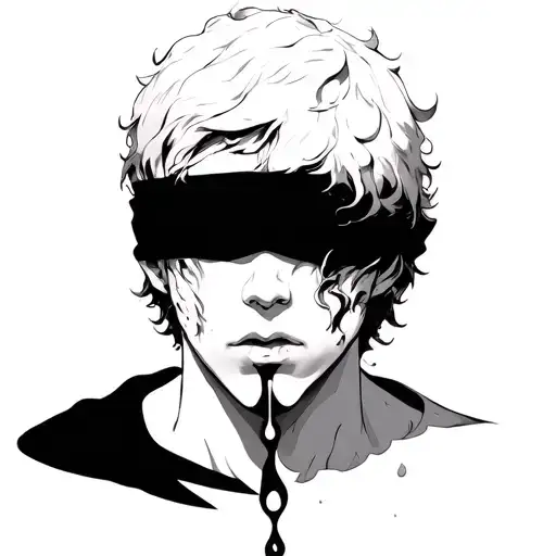a face of a melancholic young man, eyes covered by a dark, flowing blindfold. A teardrop of fire flows down the cheek,  tattoo design idea