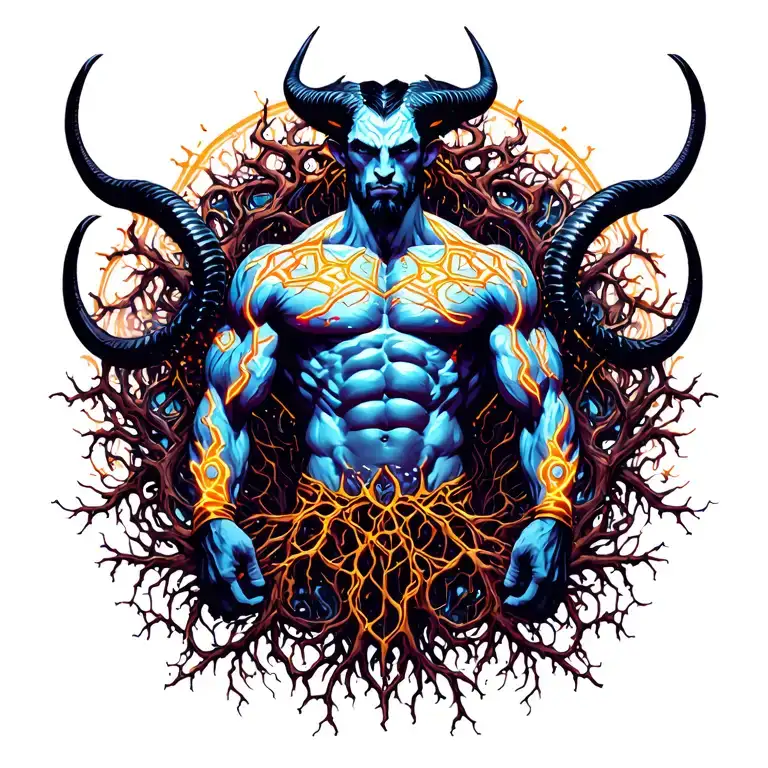 Gay male horned satyr with massive bodybuilder muscles flex. cyber tree roots, vines and patterns tattoo design idea