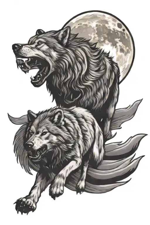 running wolf howling at the moon tattoo design idea