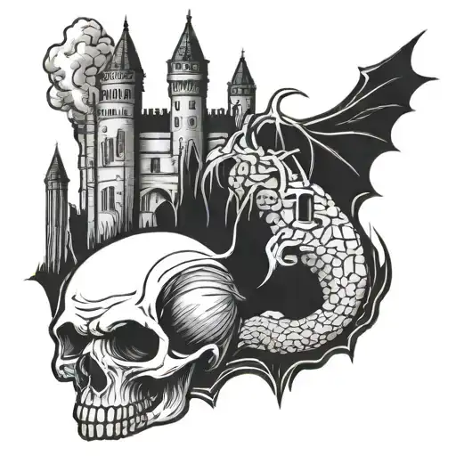 dracula skull with castle background tattoo design idea