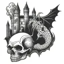 dracula skull with castle background tattoo design idea