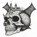 dracula skull with castle background tattoo design idea