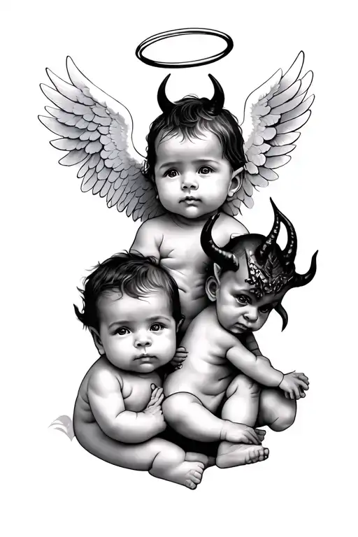 two babies, one is and angel with wings and a halo and the other is a devil with horns and shriveiled wings tattoo design idea