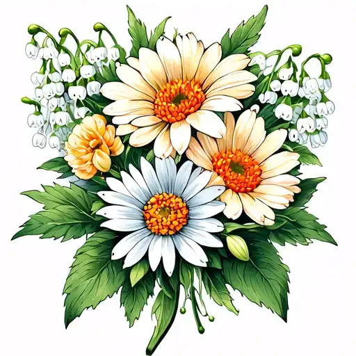 lily of the valley, chrysanthemums, aster, marigold tattoo design idea