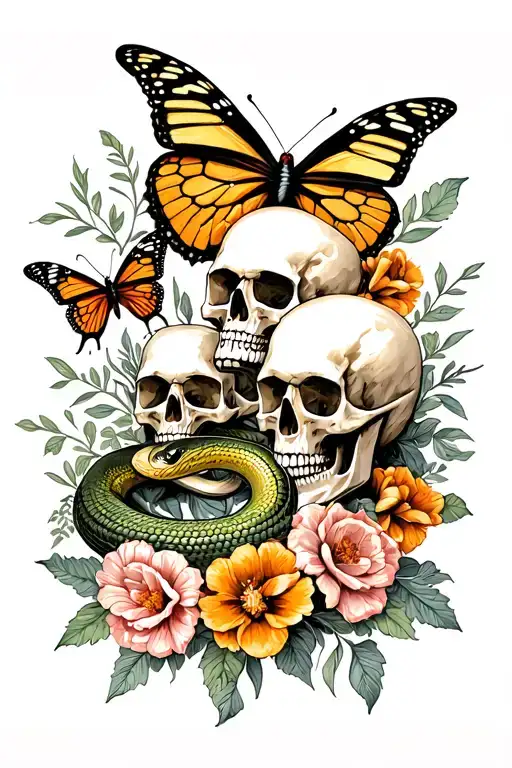 skulls, butterflies cognac of foliage flowers of a snake around tattoo design idea