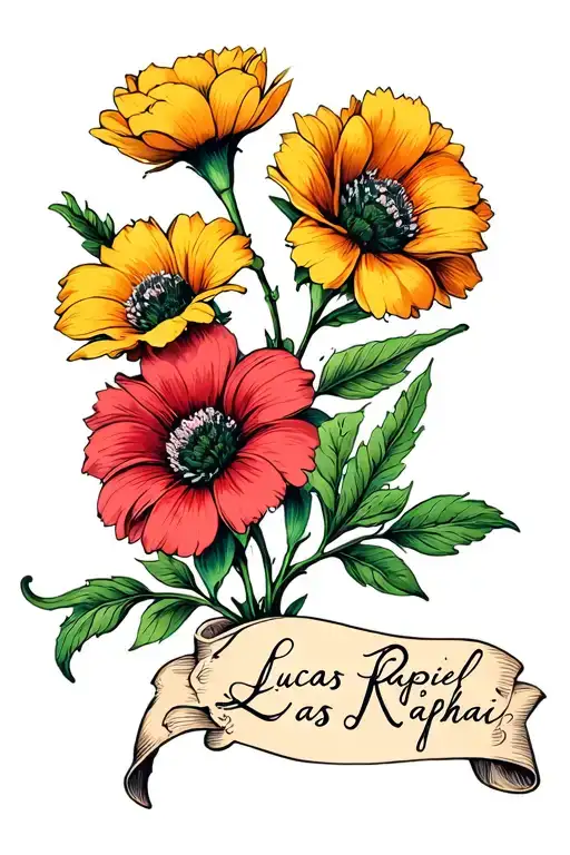 "Lucas Raphaël" flowers with stem with written tattoo design idea