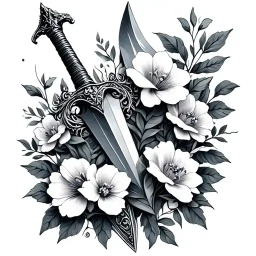 Sleeptoken dagger and flowers intertwined tattoo design idea