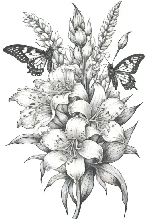 lily of the valley gladiolus lotus flowers bloominwith bee flying towards living tattoo design idea