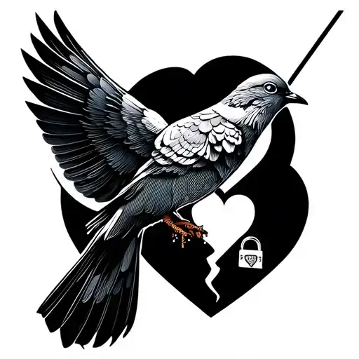doves bird holding a string with broken heart shaped lock tattoo design idea