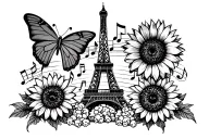 Eiffel Tower with music notes around it a butterfly a sunflower and popcorn at the bottom  tattoo design idea