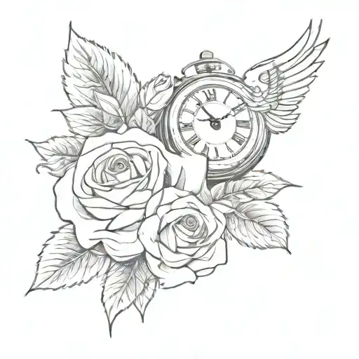 a man's arm with rose, dove, and clock tattoo design idea
