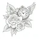 a man's arm with rose, dove, and clock tattoo design idea