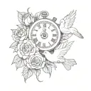 a man's arm with rose, dove, and clock tattoo design idea
