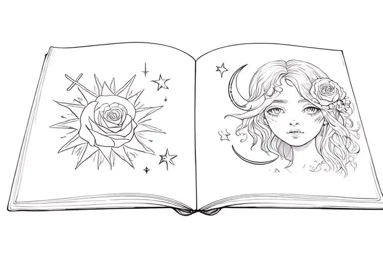 rose ,star, love with blood , a girl face mixture f devil and fairy sun moon and crown in a book page tattoo design idea