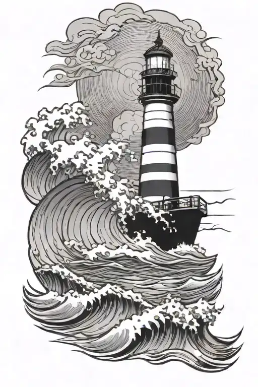 Row boat lighthouse, waves crashing tattoo design idea
