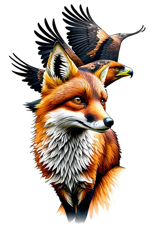 curious Fox, head only, looking left. next to a red tail hawk that is soaring, turning right.  tattoo design idea