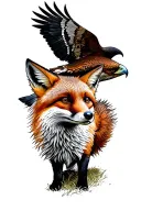 curious Fox, head only, looking left. next to a red tail hawk that is soaring, turning right.  tattoo design idea