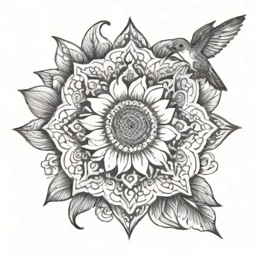 Mandala with a sunflower and a hummingbird   tattoo design idea