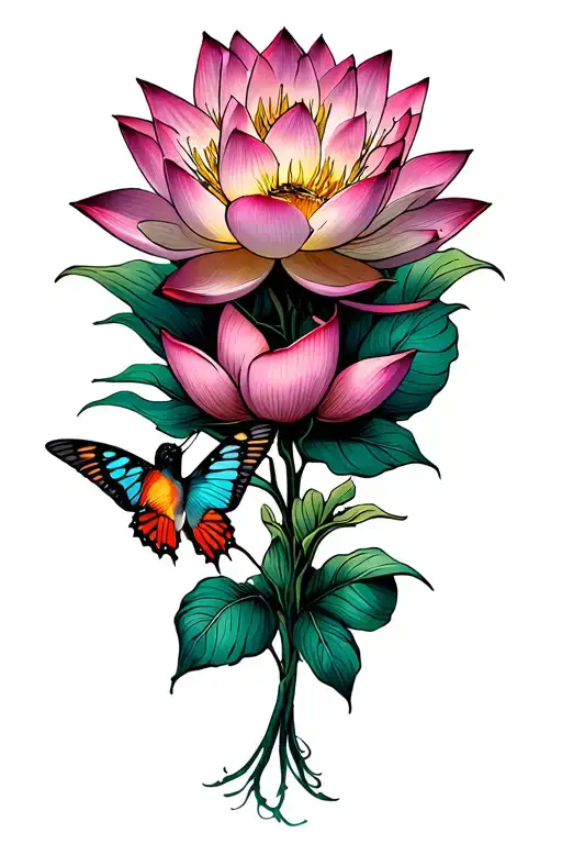 lotus flower with butterflies and hummingbirds  tattoo design idea