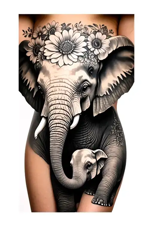 mama elephant we with baby elephant with flowers on thigh tattoo design idea