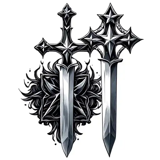 feminine cross with 7 stars and a two blade sword tattoo design idea