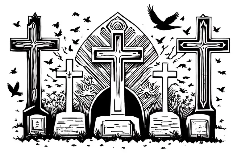 Graveyard full of crosses and birds flying around  tattoo design idea