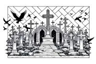 Graveyard full of crosses and birds flying around  tattoo design idea