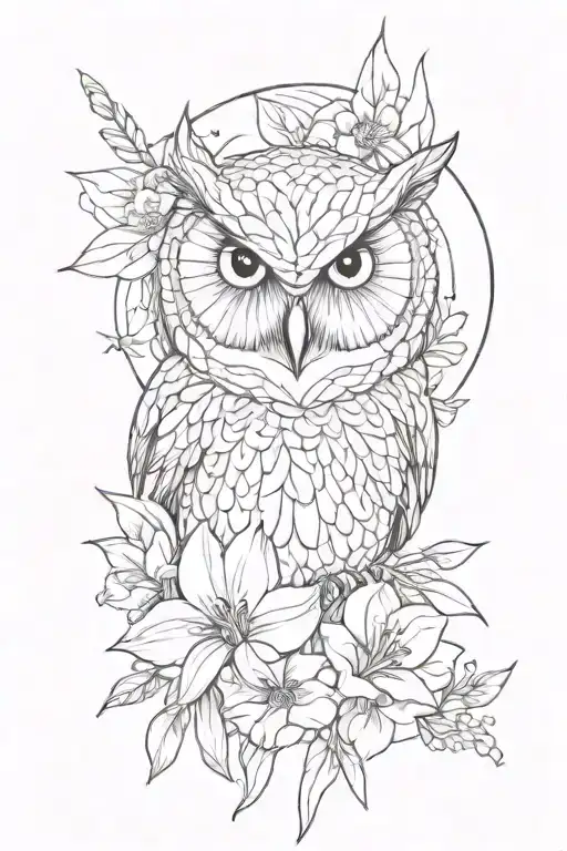 owl face with no geometric surrounded by cosmo flower and gladiolus flower tattoo design idea