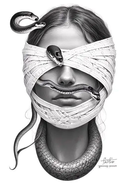 woman face with a snake in face and eyes bandage lines tattoo design idea