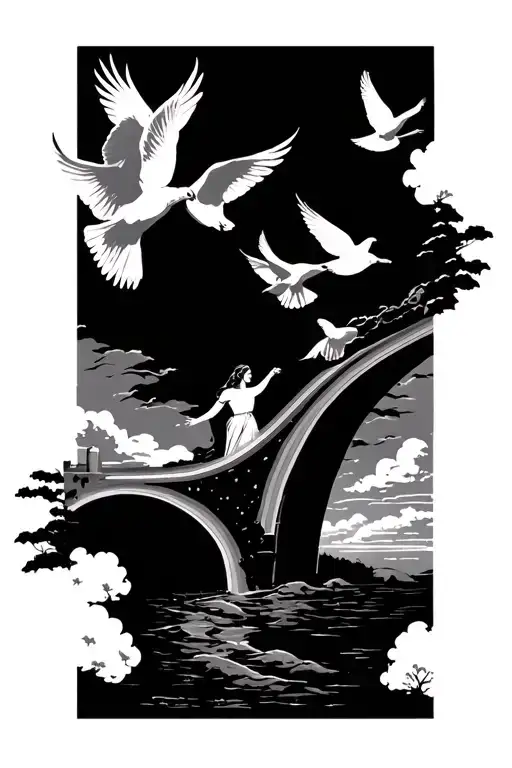 God stretches out his hands to woman and man walk over the rainbow bridge with flying doves tattoo design idea