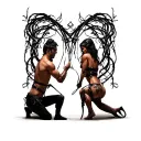 bdsm"With a dongeon, whips,collars," s&M scene with man kneeling worshiping at a sexy womans feet while she stands. tattoo design idea