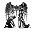 bdsm"With a dongeon, whips,collars," s&M scene with man kneeling worshiping at a sexy womans feet while she stands. tattoo design idea