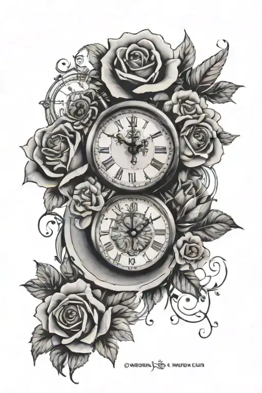 Roses with clocks and lion head tattoo design idea