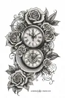 Roses with clocks and lion head tattoo design idea