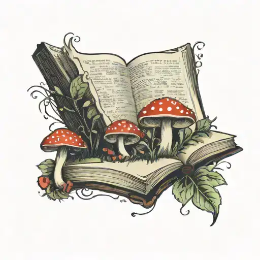 open book, magic, red mushrooms tattoo design idea