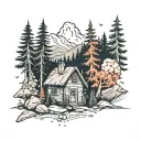 small forest with a mountain with trees and a random small house that looks abandons tattoo design idea