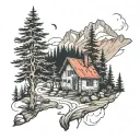small forest with a mountain with trees and a random small house that looks abandons tattoo design idea