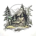 small forest with a mountain with trees and a random small house that looks abandons tattoo design idea